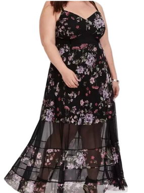 Torrid Women's Large Black Floral Print Sleeveless Maxi Dress Mesh Bustier Cami